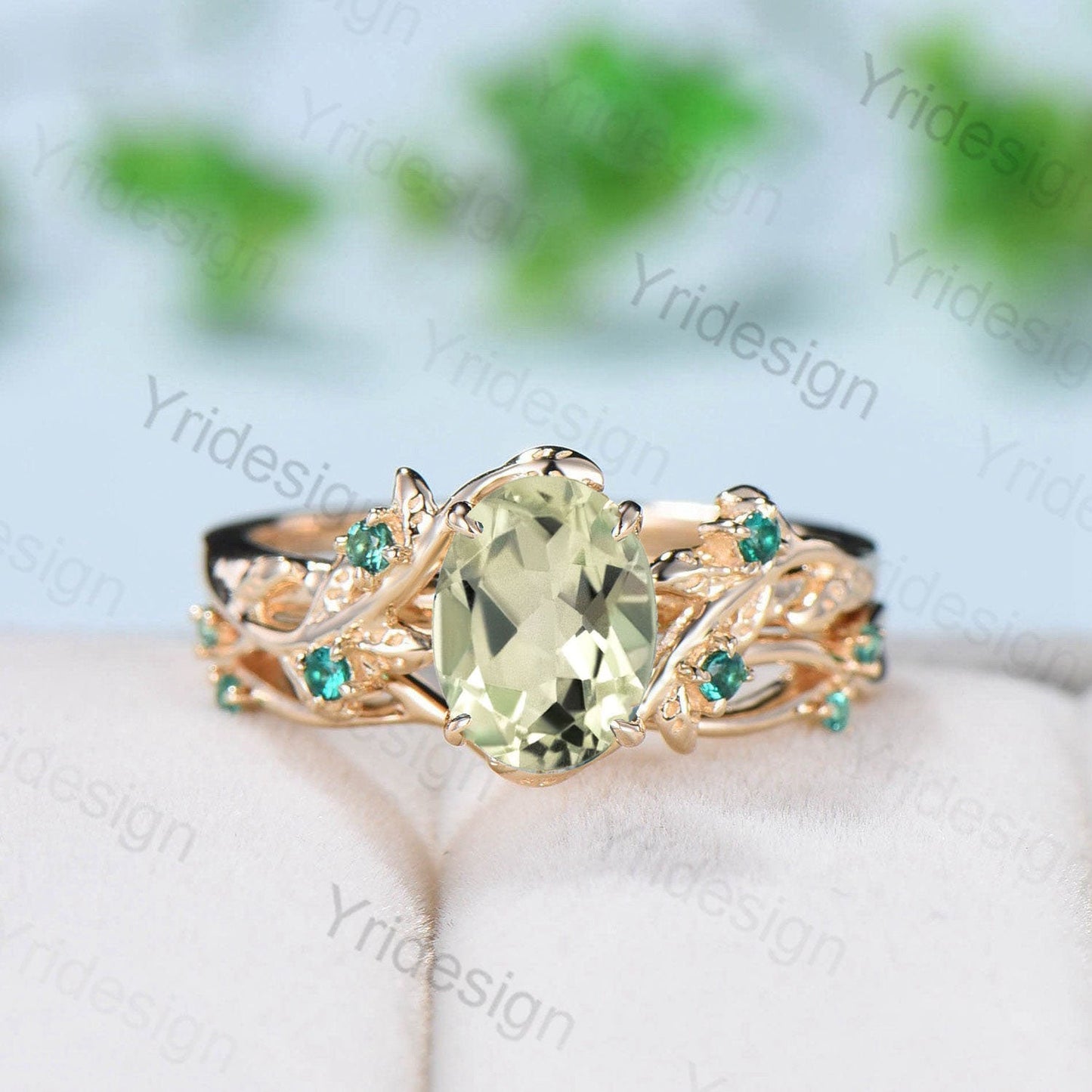 Nature Inspired green amethyst ring set cluster emerald green crystal engagement ring vintage unique February Leaf wedding ring set women - PENFINE