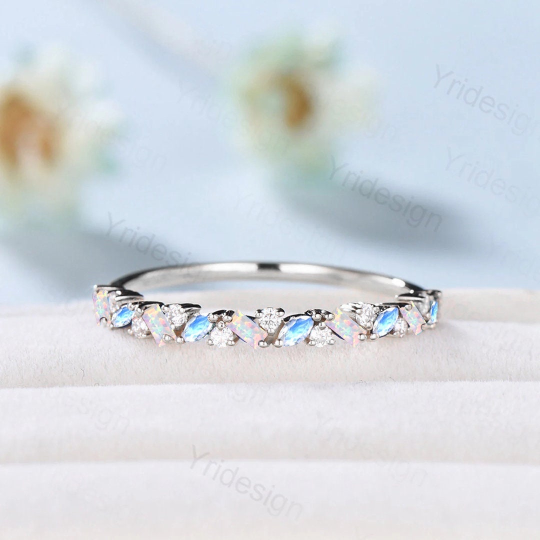 Alternating Opal Garnet Wedding Band Ring Engagement 14k White Gold 925 Sterling Silver Half Eternity Minimalist Stacking Matching Band newest