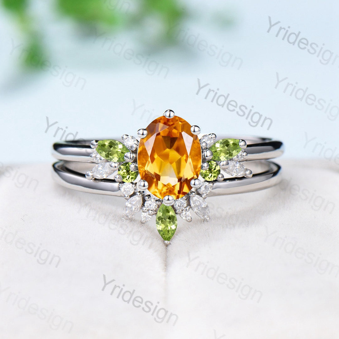 Unique Oval Citrine Engagement Ring Set Marquise Peridot Wedding Ring Women Vintage Unique Cluster Moissanite Healing Crystal Bridal Set - PENFINE