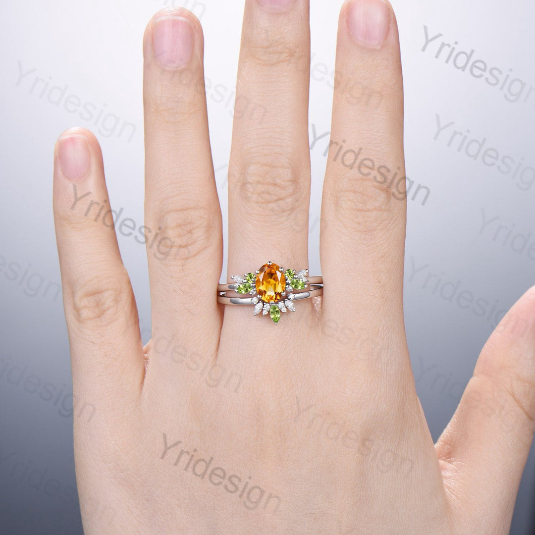 Unique Oval Citrine Engagement Ring Set Marquise Peridot Wedding Ring Women Vintage Unique Cluster Moissanite Healing Crystal Bridal Set - PENFINE