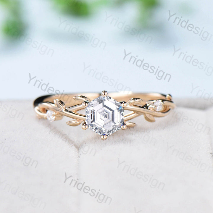 Hexagon Brilliant Moissanite ring set Leaf Branch Moissanite Engagement Ring Set Nature Inspired Wedding Ring Unique Twig Bridal Set Women - PENFINE