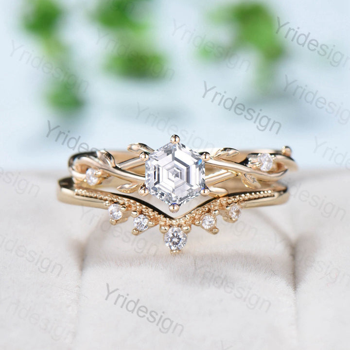 Hexagon Brilliant Moissanite ring set Leaf Branch Moissanite Engagement Ring Set Nature Inspired Wedding Ring Unique Twig Bridal Set Women - PENFINE