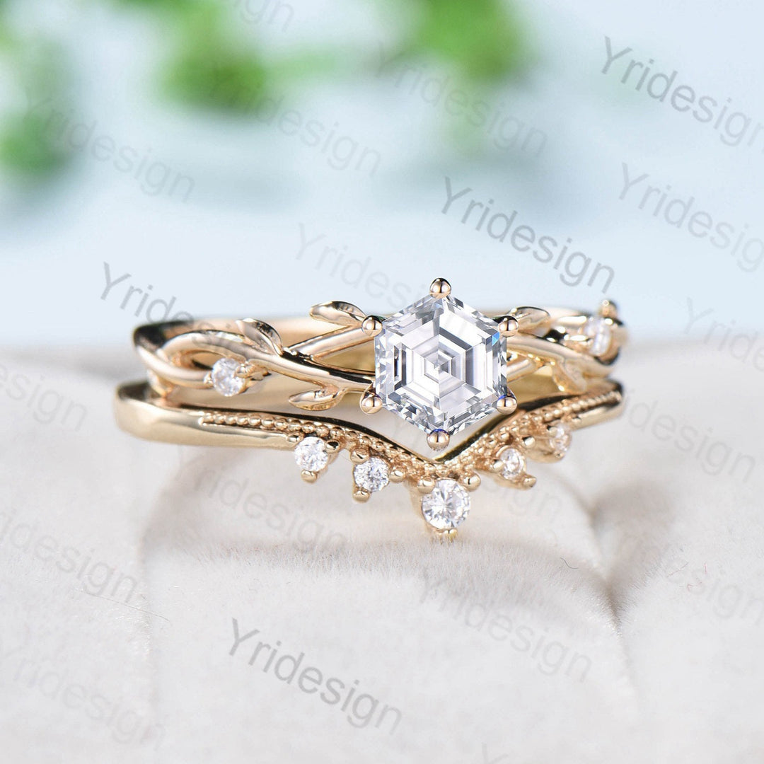 Hexagon Brilliant Moissanite ring set Leaf Branch Moissanite Engagement Ring Set Nature Inspired Wedding Ring Unique Twig Bridal Set Women - PENFINE