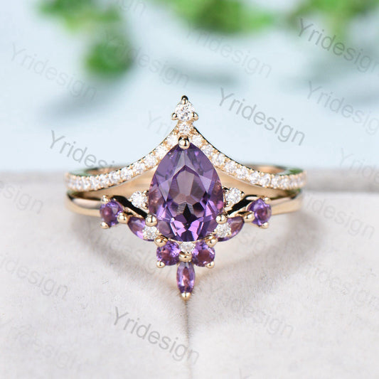 Vintage Pear Amethyst Engagement Ring 14K Yellow Gold Purple Crystal February Birthstone Wedding Ring Set For Women art deco bridal ring set - PENFINE