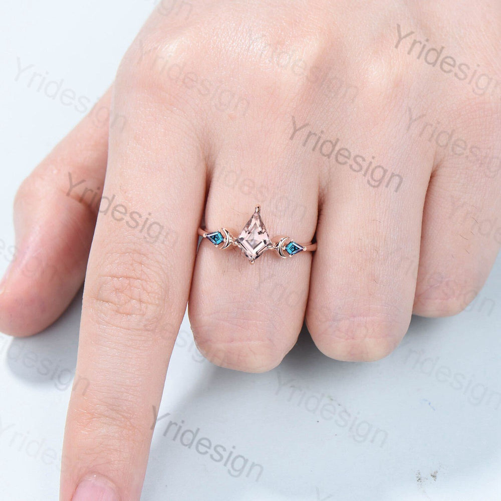 Vintage Kite Cut Morganite Engagement Ring Unique Dainty Pink Morganite Kite Alexandrite Wedding Ring Women Three Stone Moon Promise Ring - PENFINE