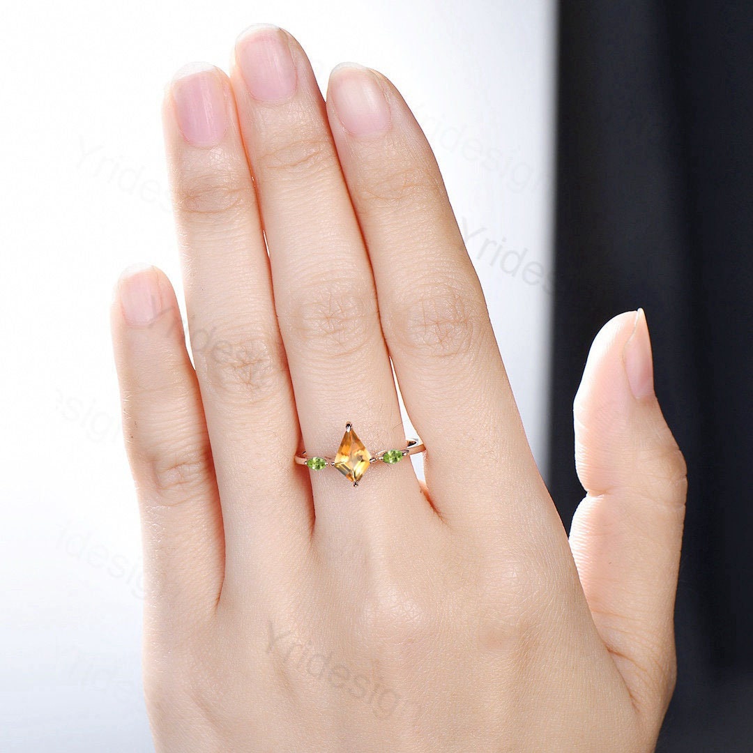 Kite Cut Citrine Engagement Ring Set 14K Gold Women Dainty Wedding Ring Vintage Madeira Citrine hot Anniversary Gift Birthstone Ring Gift 4Love