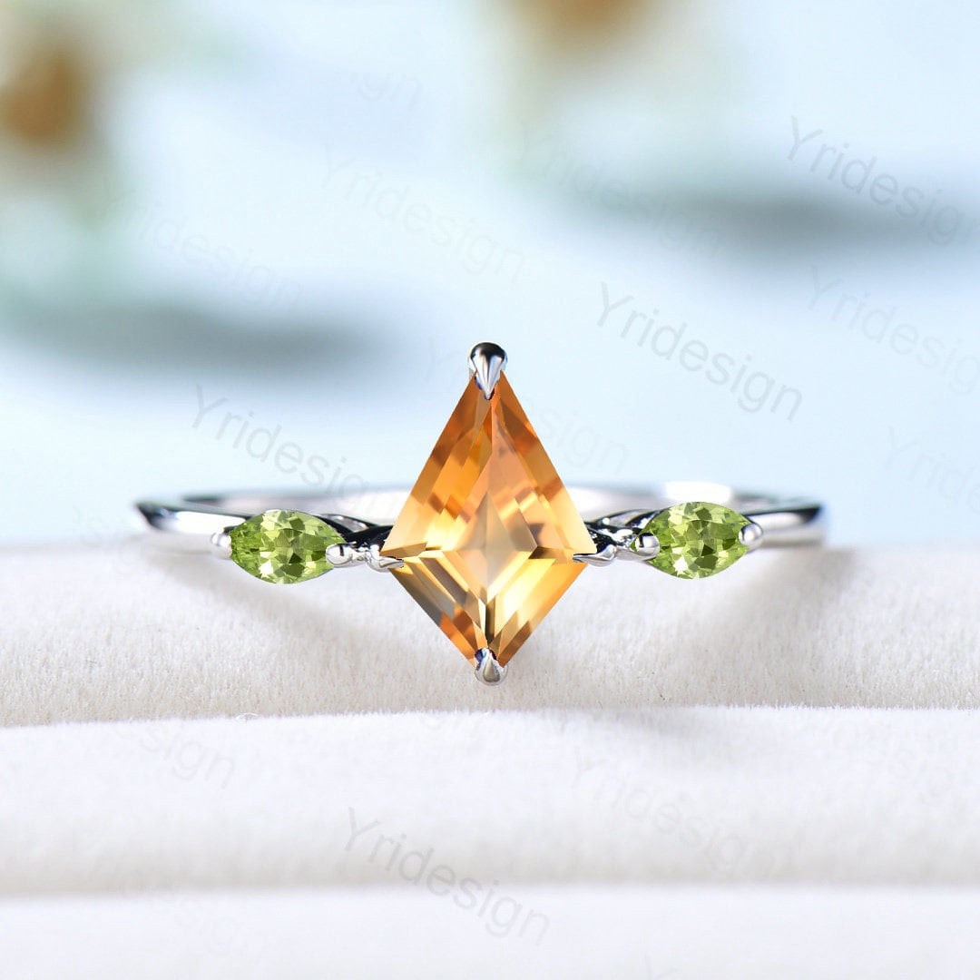 Dainty Kite Cut Citrine Engagement Ring Three Stone Simple Minimalist Marquise Peridot Wedding Ring For Women Unique Handmade Proposal Gifts - PENFINE