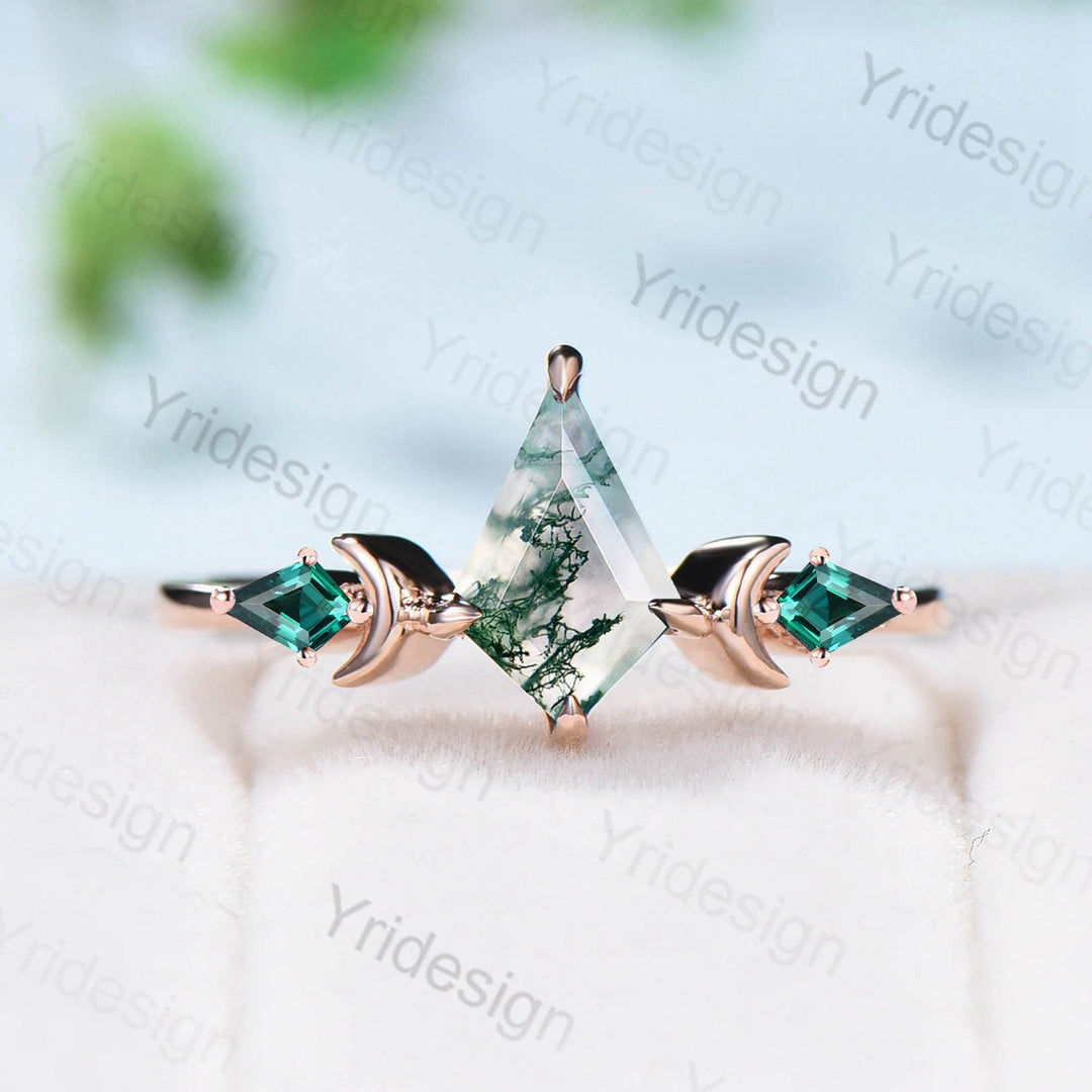 Dainty Kite Cut Moss Agate Engagement Ring Vintage Moon Green Agate Kite Emerald Wedding Ring For Women Rose Gold Art Deco Promise Ring - PENFINE