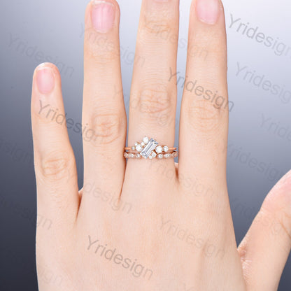 Unique Baguette Moissanite Bridal Ring Set Cluster Moissanite Diamond Engagement Ring Stacking Ring Handmade Proposal Gifts for Women - PENFINE