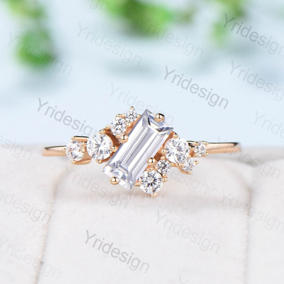 Unique Baguette Moissanite Bridal Ring Set Cluster Moissanite Diamond Engagement Ring Stacking Ring Handmade Proposal Gifts for Women - PENFINE