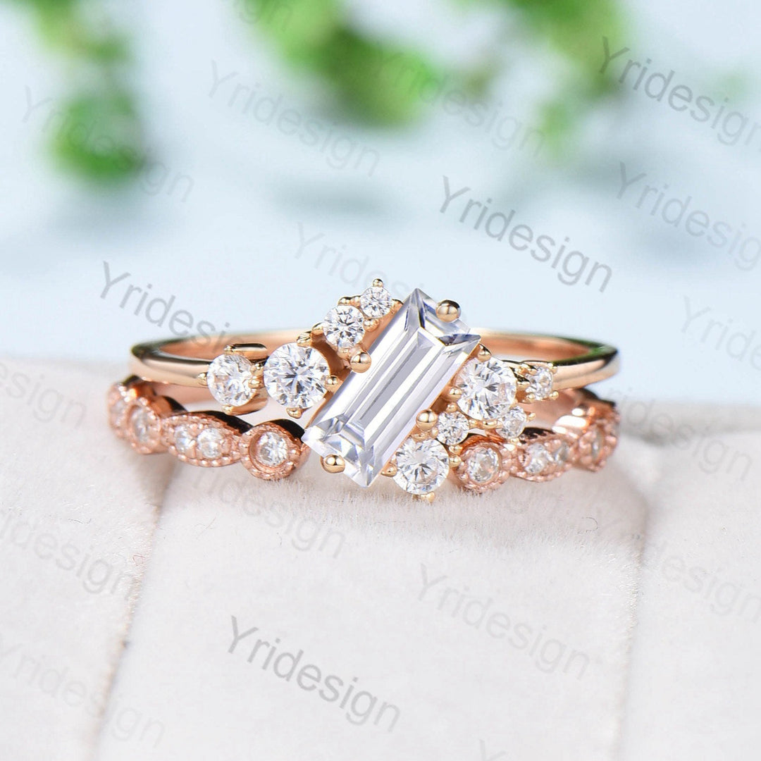 Unique Baguette Moissanite Bridal Ring Set Cluster Moissanite Diamond Engagement Ring Stacking Ring Handmade Proposal Gifts for Women - PENFINE