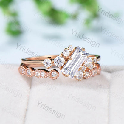 Unique Baguette Moissanite Bridal Ring Set Cluster Moissanite Diamond Engagement Ring Stacking Ring Handmade Proposal Gifts for Women - PENFINE