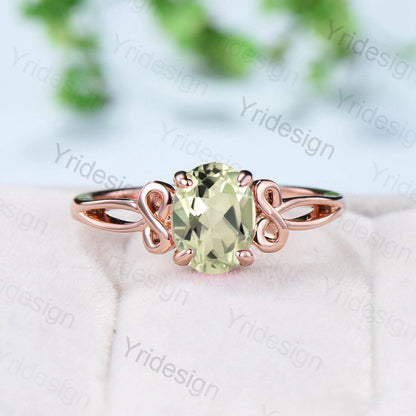 Vintage green amethyst ring celtic love engagement ring set oval cut twig crystal wedding ring set women Unique bridal ring set for women - PENFINE