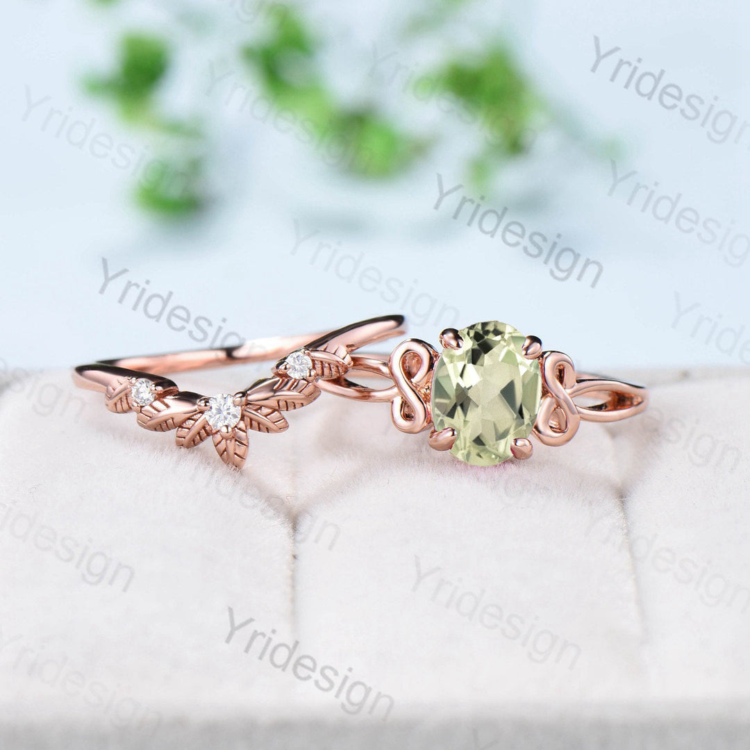 Vintage green amethyst ring celtic love engagement ring set oval cut twig crystal wedding ring set women Unique bridal ring set for women - PENFINE