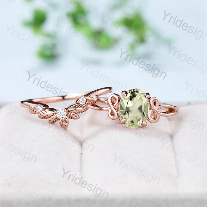 Vintage green amethyst ring celtic love engagement ring set oval cut twig crystal wedding ring set women Unique bridal ring set for women - PENFINE
