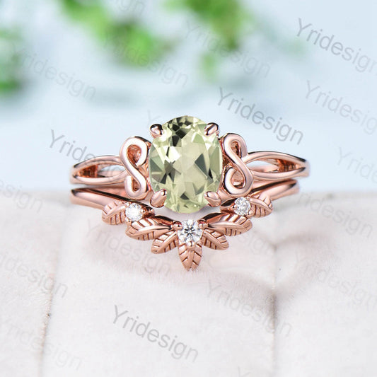 Vintage green amethyst ring celtic love engagement ring set oval cut twig crystal wedding ring set women Unique bridal ring set for women - PENFINE