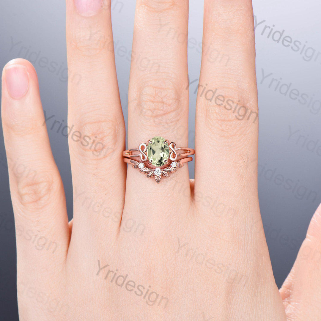 Vintage green amethyst ring celtic love engagement ring set oval cut twig crystal wedding ring set women Unique bridal ring set for women - PENFINE