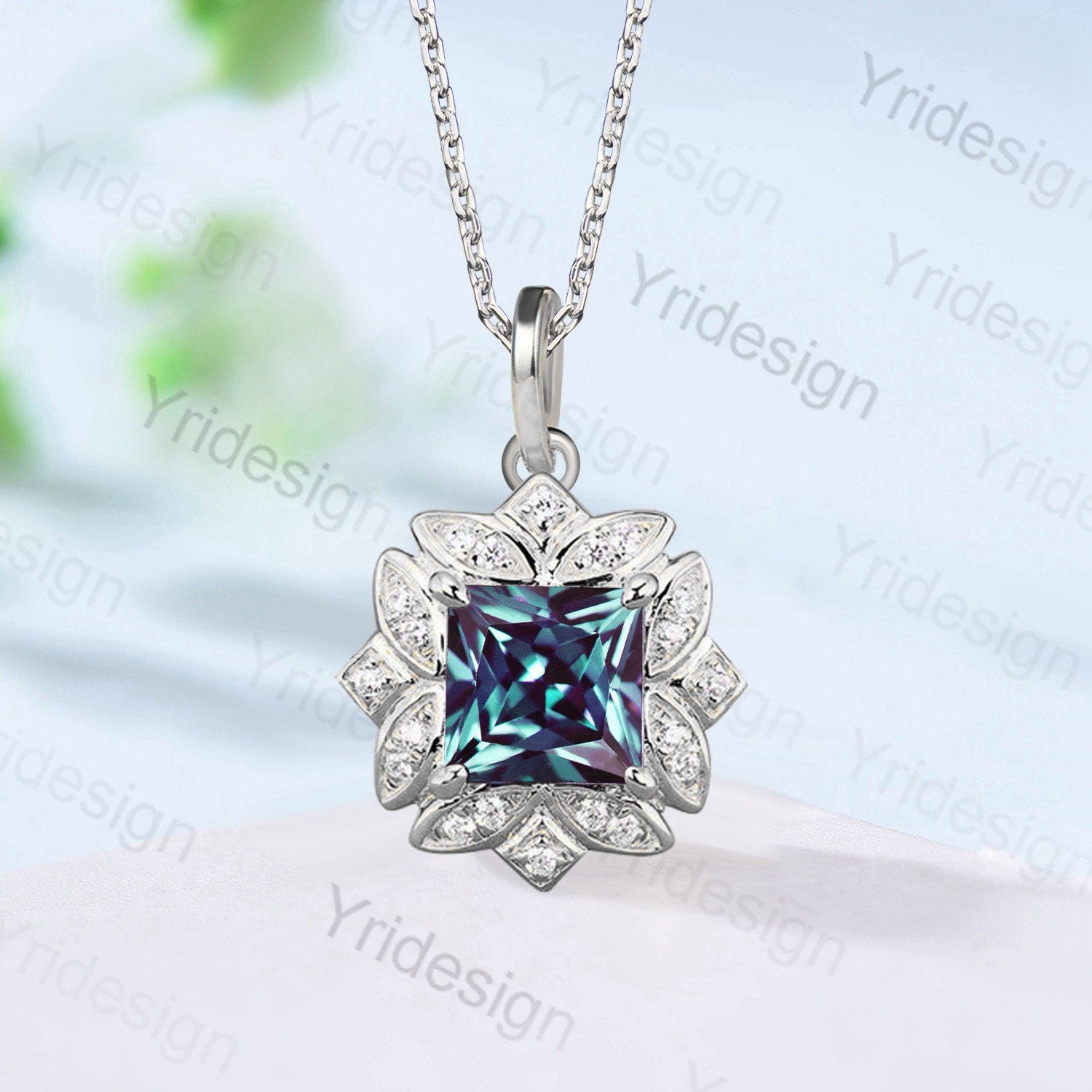 Vintage 2CT Princess Alexandrite Pendant Necklace June Birthstone Floral Color changing  Pendant Necklace Cute Anniversary Gift for Women - PENFINE