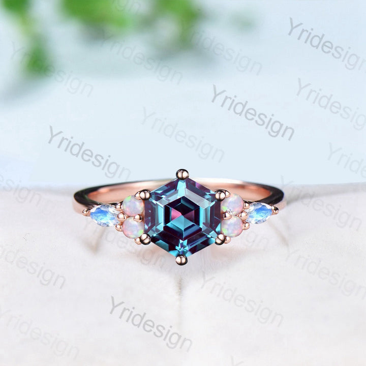 Vintage Alexandrite Ring Silver Rose Gold Cluster Marquise Moonstone Opal Engagement Ring Unique June Birthstone Anniversary Ring Gift - PENFINE