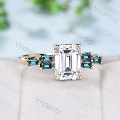 Vintage 2TCW Emerald Cut Moissanite Engagement Ring Cluster Baguette Rose Gold Alexandrite Wedding Ring Antique Anniversary Gift For Women - PENFINE