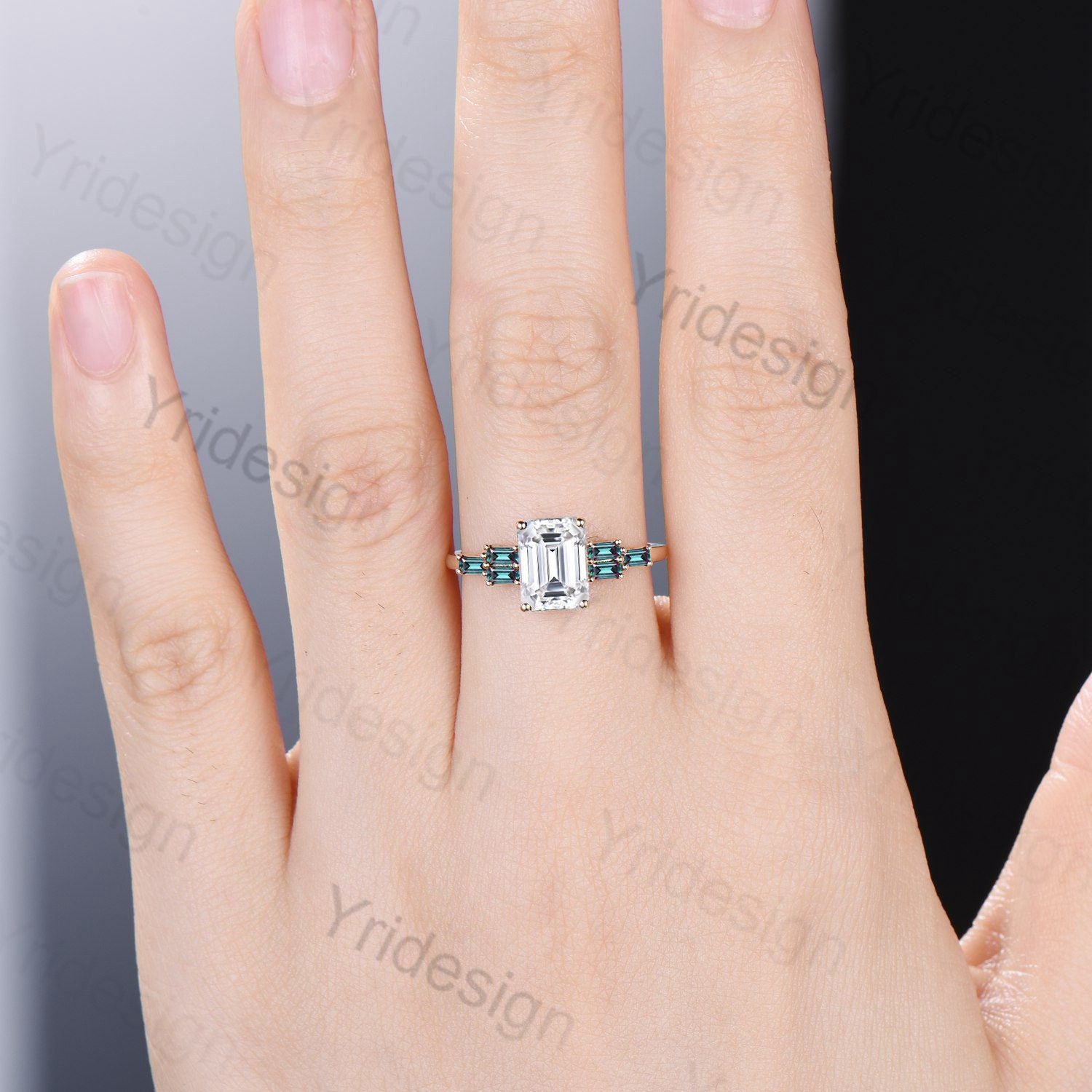 Vintage 2TCW Emerald Cut Moissanite Engagement Ring Cluster Baguette Rose Gold Alexandrite Wedding Ring Antique Anniversary Gift For Women - PENFINE