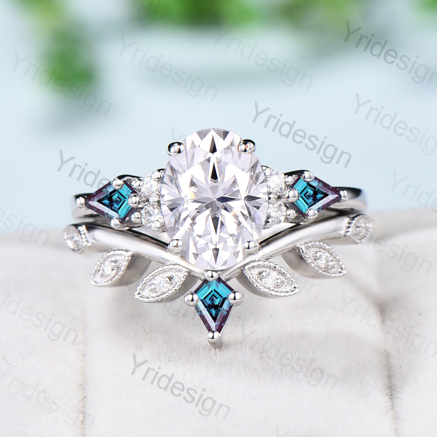 1.5CT Oval Vintage Moissanite Engagement Ring Set Cluster Kite Alexandrite Green Agate Milgrain Art Deco Bridal Wedding Ring Set For Women - PENFINE