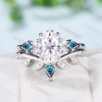 1.5CT Oval Vintage Moissanite Engagement Ring Set Cluster Kite Alexandrite Green Agate Milgrain Art Deco Bridal Wedding Ring Set For Women - PENFINE