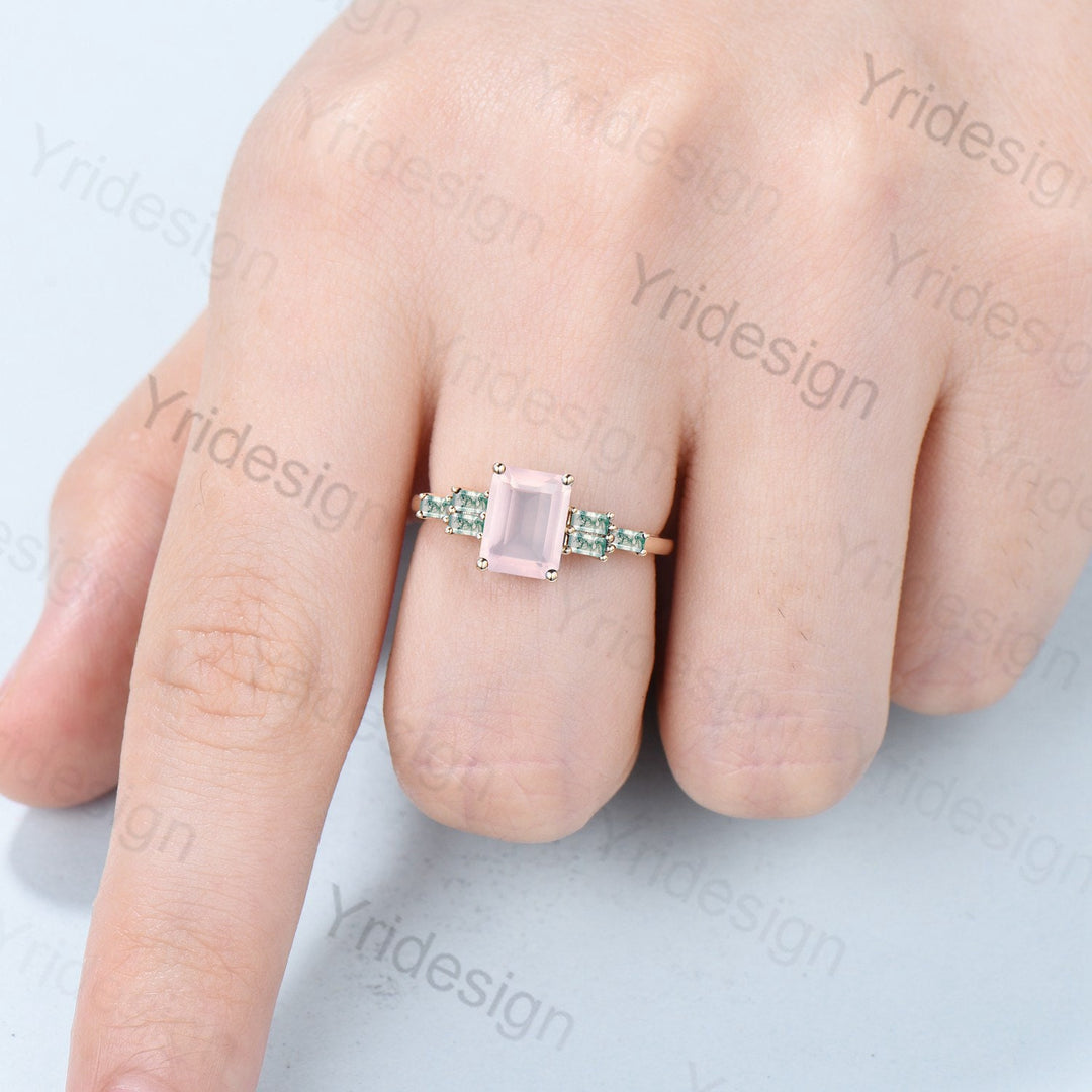 Natural Emerald Cut Rose Quartz Engagement Ring Cluster Baguette Moss Agate  Pink Crystal Wedding Ring Vintage Unique Anniversary Gift Women - PENFINE