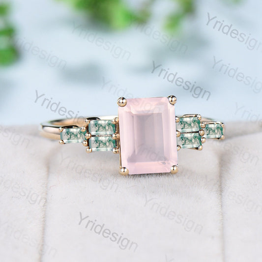 Natural Emerald Cut Rose Quartz Engagement Ring Cluster Baguette Moss Agate Pink Crystal Wedding Ring Vintage Unique Anniversary Gift Women - PENFINE