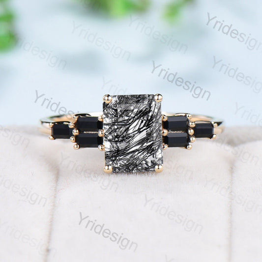 Unique Emerald Cut Black Rutilated Quartz Engagement Ring Cluster Baguette Black Spinel Wedding Ring Healing Crystal Anniversary Gifts Women - PENFINE