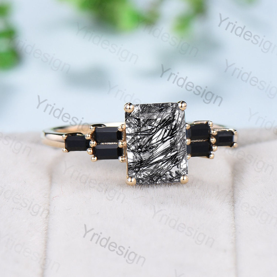 Unique Emerald Cut Black Rutilated Quartz Engagement Ring Cluster Baguette Black Spinel Wedding Ring Healing Crystal Anniversary Gifts Women - PENFINE