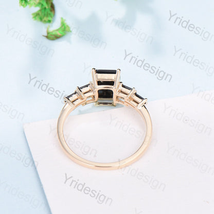 Unique Emerald Cut Black Rutilated Quartz Engagement Ring Cluster Baguette Black Spinel Wedding Ring Healing Crystal Anniversary Gifts Women - PENFINE