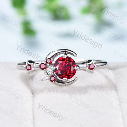 Vintage Crescent moon Ruby Ring Women Silver Gold Unique Cluster Star Galaxy red ruby moissanite wedding ring celestial anniversary ring - PENFINE