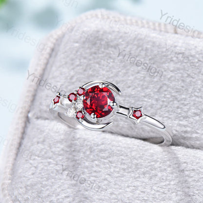 Vintage Crescent moon Ruby Ring Women Silver Gold Unique Cluster Star Galaxy red ruby moissanite wedding ring celestial anniversary ring - PENFINE