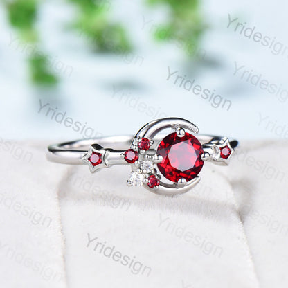 Vintage Crescent moon Ruby Ring Women Silver Gold Unique Cluster Star Galaxy red ruby moissanite wedding ring celestial anniversary ring - PENFINE