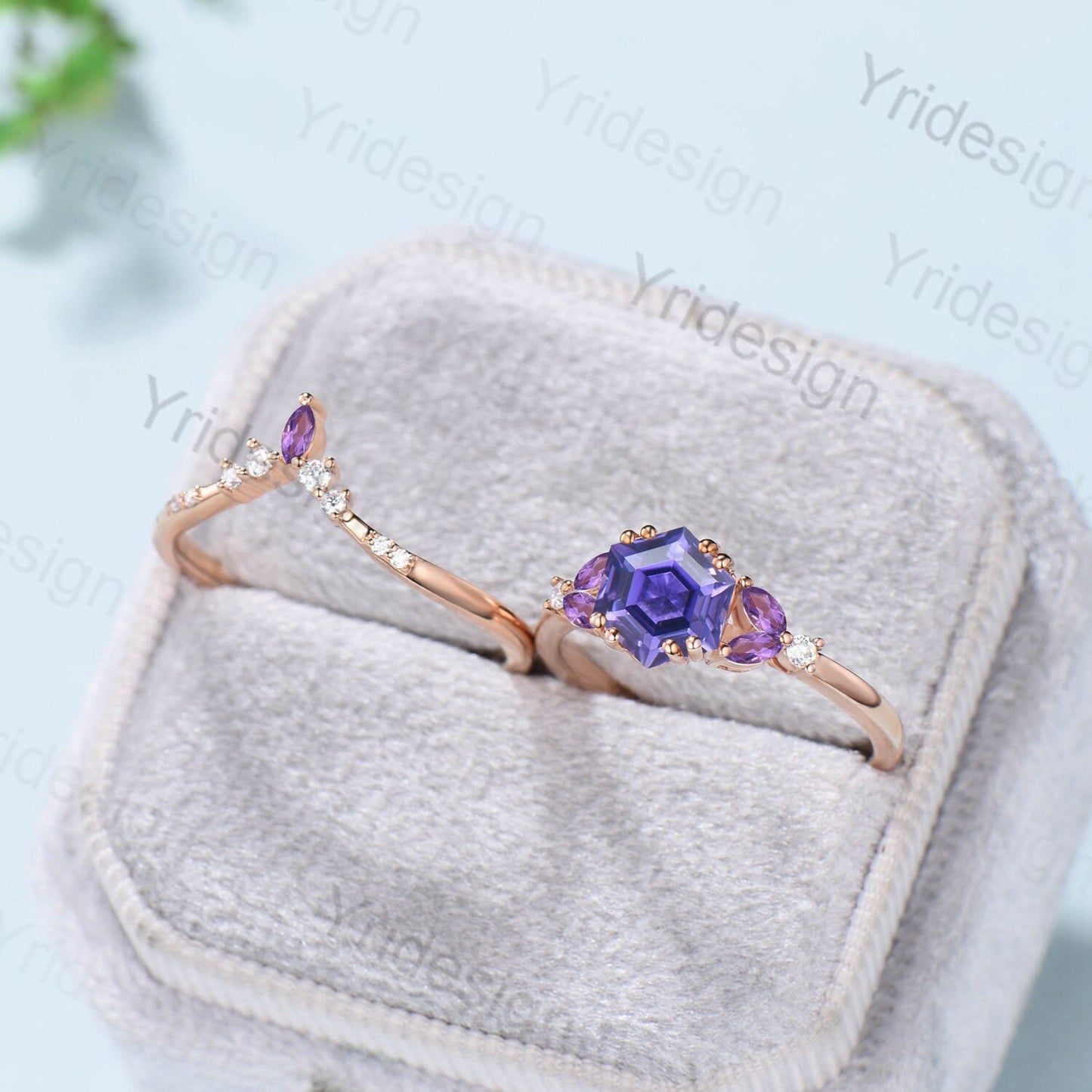 Hexagon Purple Sapphire engagement ring set unique silver Rose gold vintage engagement ring wedding Bridal ring Promise Anniversary gift - PENFINE