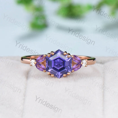 Hexagon Purple Sapphire engagement ring set unique silver Rose gold vintage engagement ring wedding Bridal ring Promise Anniversary gift - PENFINE