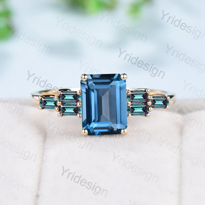 Retro Emerald Cut London Blue Topaz Engagement Ring Vintage Baguette Alexandrite Wedding Ring unique blue topaz Ring women Anniversary Gift - PENFINE