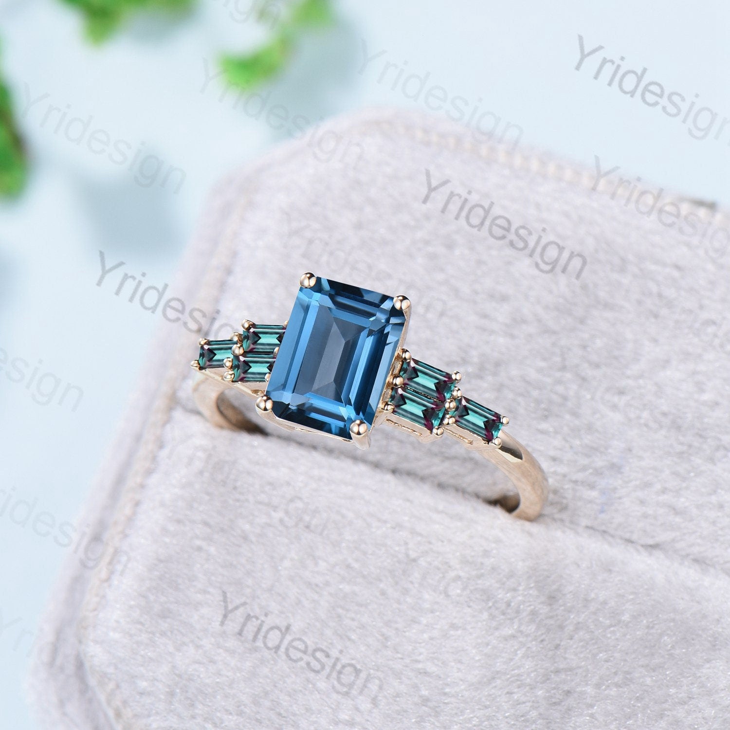 Retro Emerald Cut London Blue Topaz Engagement Ring Vintage Baguette Alexandrite Wedding Ring unique blue topaz Ring women Anniversary Gift - PENFINE