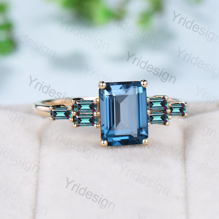 Retro Emerald Cut London Blue Topaz Engagement Ring Vintage Baguette Alexandrite Wedding Ring unique blue topaz Ring women Anniversary Gift - PENFINE