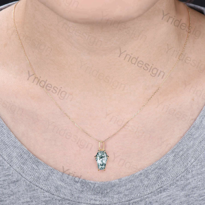 Coffin natural moss agate necklace solid 14k 18k rose gold vintage unique Personalized pendant anniversary bridal gift for women - PENFINE