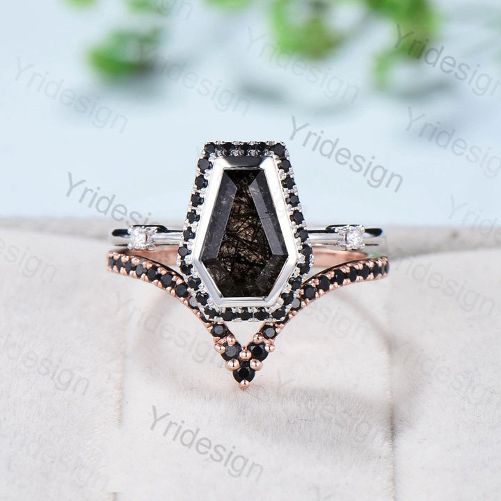 Vintage coffin shaped black rutilated quartz ring set unique black stone engagement ring halo spinel wedding ring set her anniversary gift - PENFINE