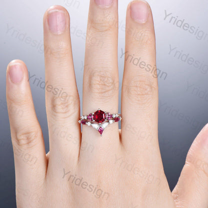 Vintage Hexagon Ruby Engagement Ring Set Silver Rose Gold  Leaf Flower Cluster Red Ruby  Wedding Ring Set Art Deco Bridal Ring Set For Women - PENFINE