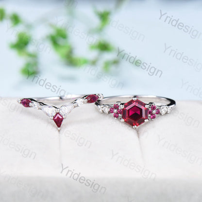 Vintage Hexagon Ruby Engagement Ring Set Silver Rose Gold  Leaf Flower Cluster Red Ruby  Wedding Ring Set Art Deco Bridal Ring Set For Women - PENFINE