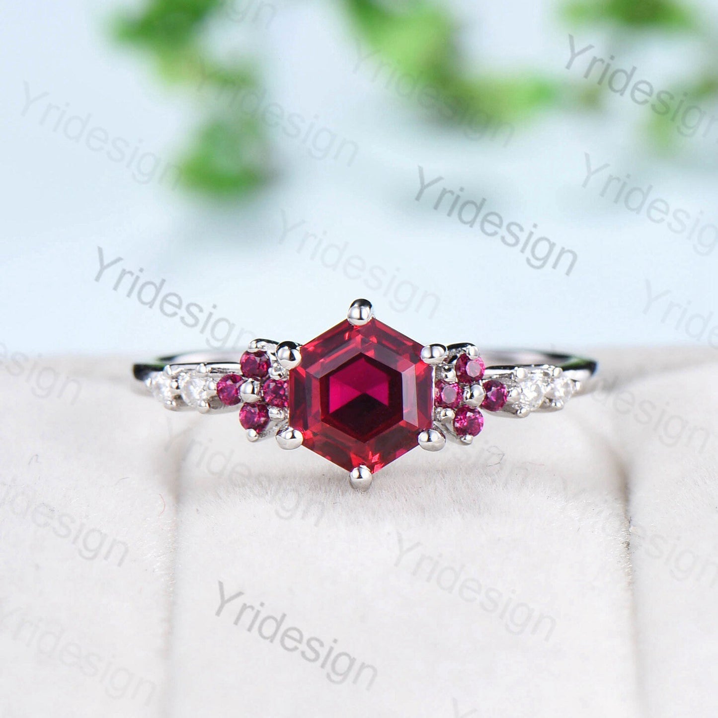 Vintage Hexagon Ruby Engagement Ring Set Silver Rose Gold  Leaf Flower Cluster Red Ruby  Wedding Ring Set Art Deco Bridal Ring Set For Women - PENFINE