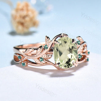 Nature Inspired green amethyst ring set cluster emerald green crystal engagement ring vintage unique February Leaf wedding ring set women - PENFINE