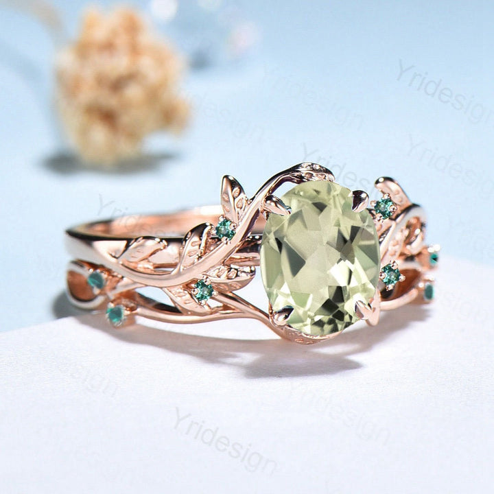 Nature Inspired green amethyst ring set cluster emerald green crystal engagement ring vintage unique February Leaf wedding ring set women - PENFINE