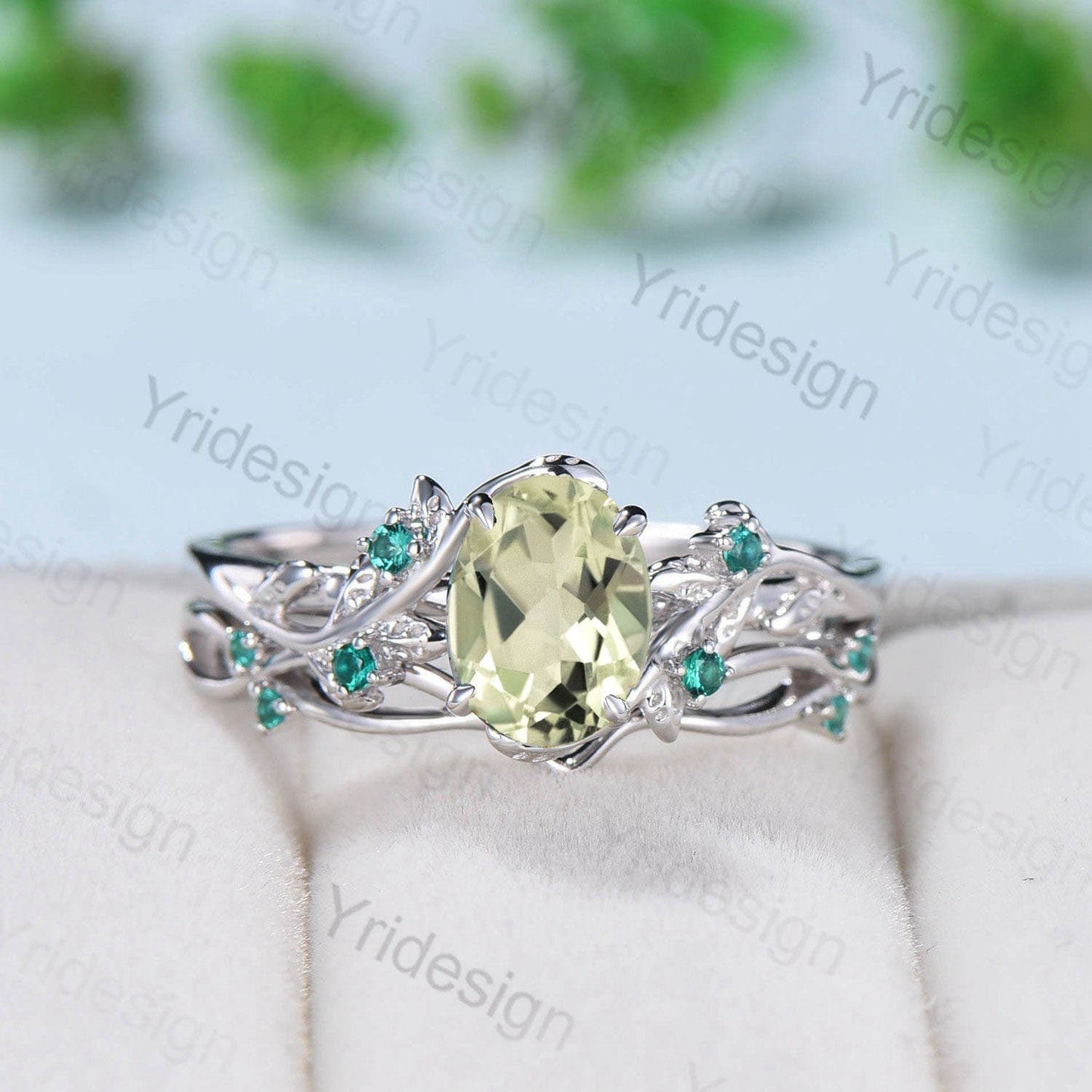 Nature Inspired green amethyst ring set cluster emerald green crystal engagement ring vintage unique February Leaf wedding ring set women - PENFINE