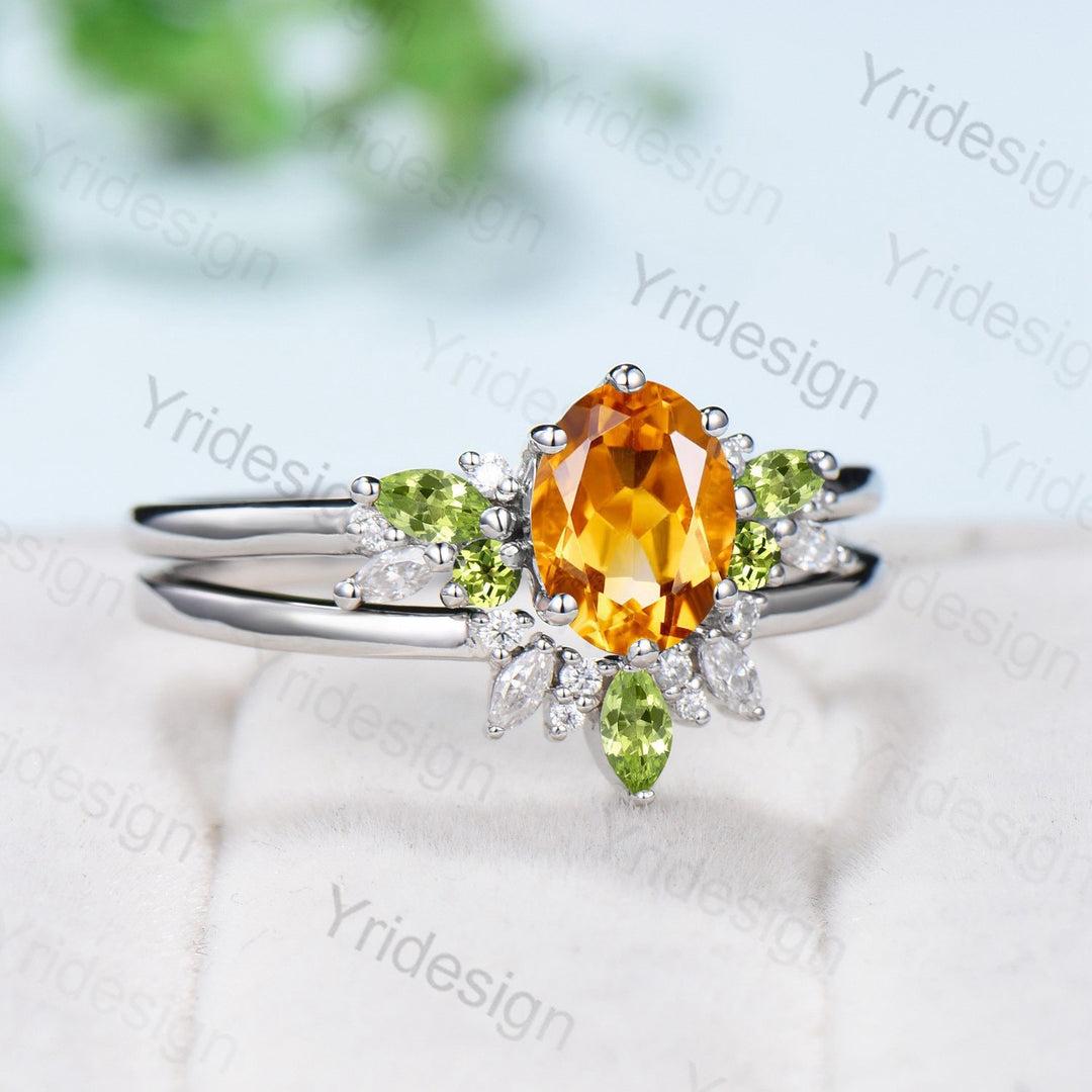 Unique Oval Citrine Engagement Ring Set Marquise Peridot Wedding Ring Women Vintage Unique Cluster Moissanite Healing Crystal Bridal Set - PENFINE