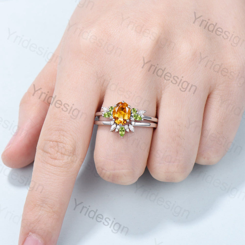 Unique Oval Citrine Engagement Ring Set Marquise Peridot Wedding Ring Women Vintage Unique Cluster Moissanite Healing Crystal Bridal Set - PENFINE